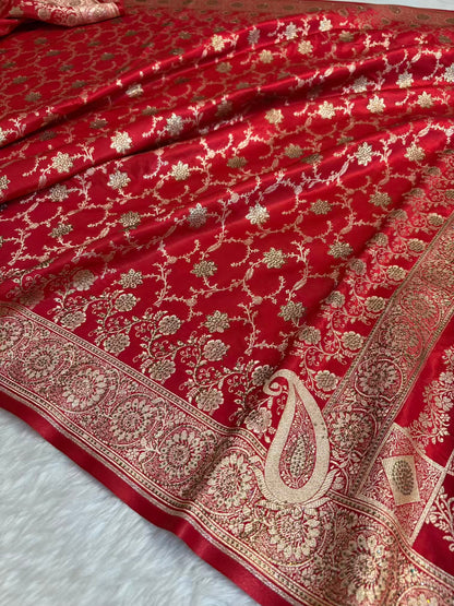 Satin Silk Saree Banarasi Swarovski Work Jaal in Red Shades