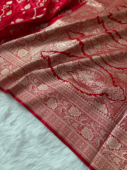 Red Satin Silk Banarasi Saree – Tircha Jaal