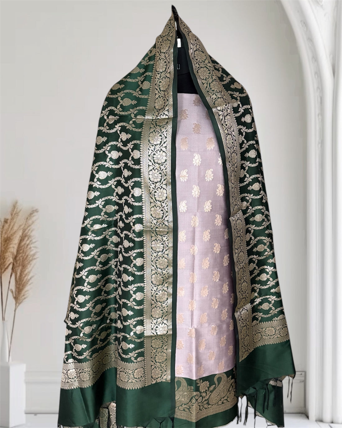 Bottle Green and Grey Satin Silk Banarasi Suit