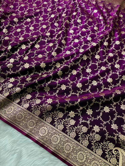 Purple Satin Silk Banarasi Saree Floral Swarna Latika Jaal