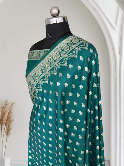 Rama Green Satin Silk Banarasi Saree Silver Motif