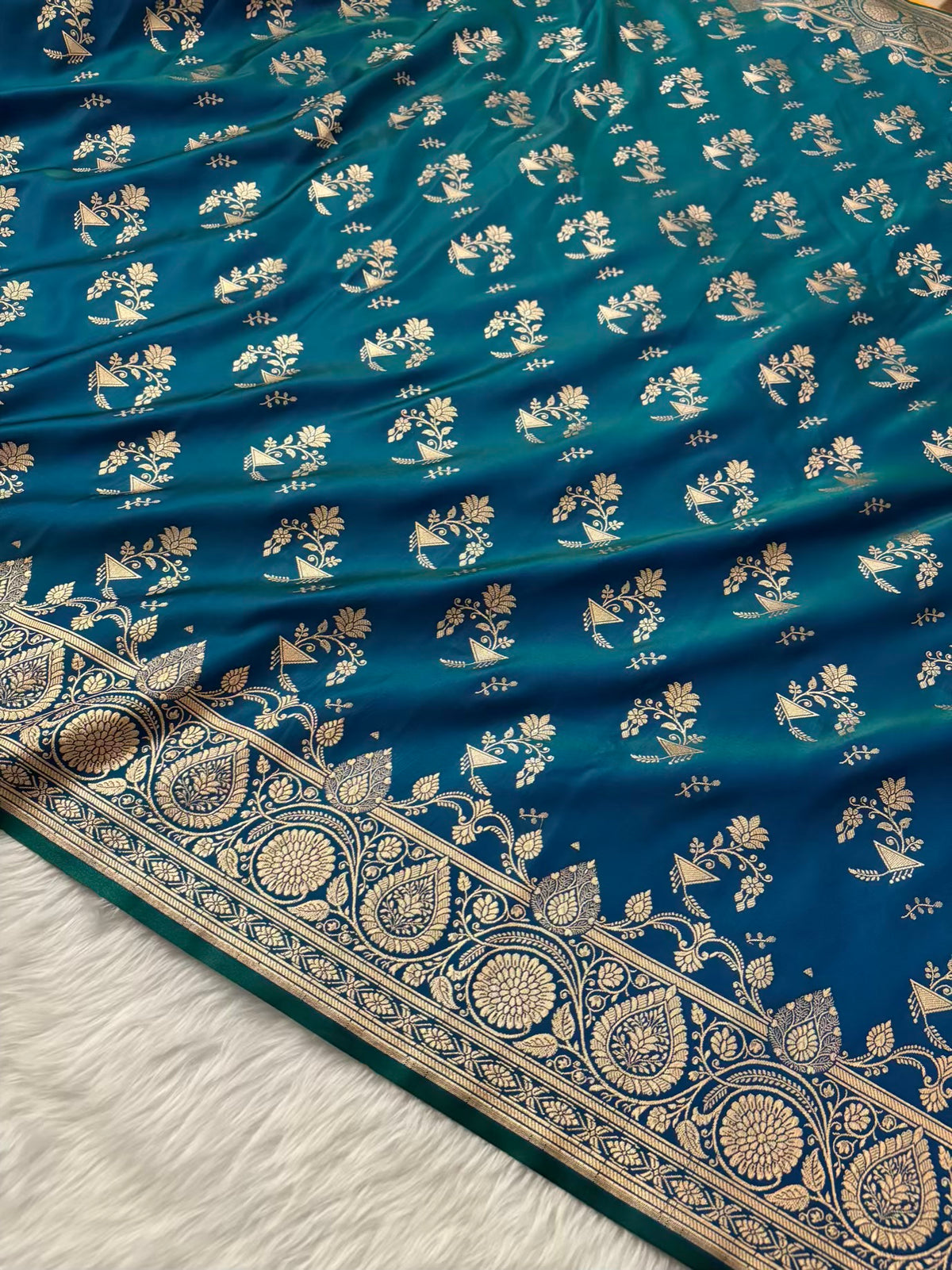 Peacock Shaded Fancy Motif Satin Silk Banarasi Saree