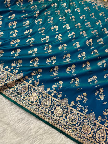 Peacock Shaded Fancy Motif Satin Silk Banarasi Saree
