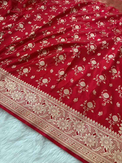 Red Floral Buti Satin Silk Banarasi Saree