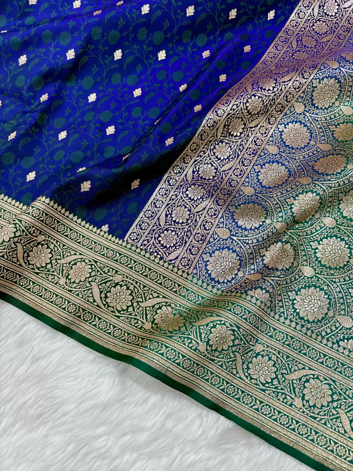 Blue & Green Satin Silk Banarasi Saree Tanchui Jaal