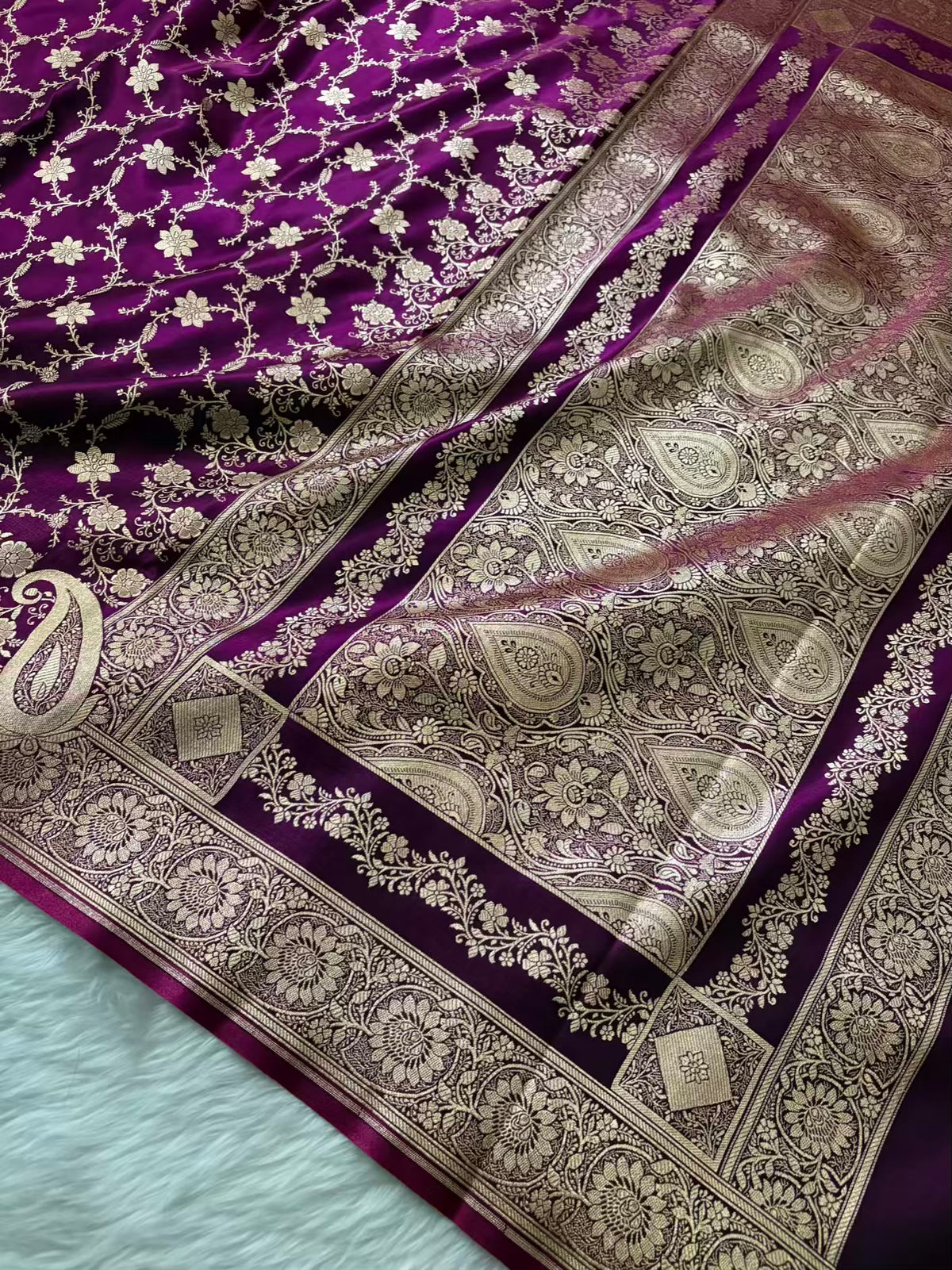 Purple Satin Silk Banarasi Saree Floral Swarna Latika Jaal