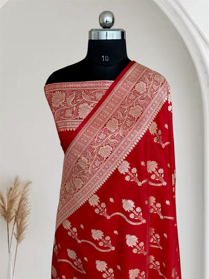 Red Satin Silk Banarasi Saree – Tircha Jaal