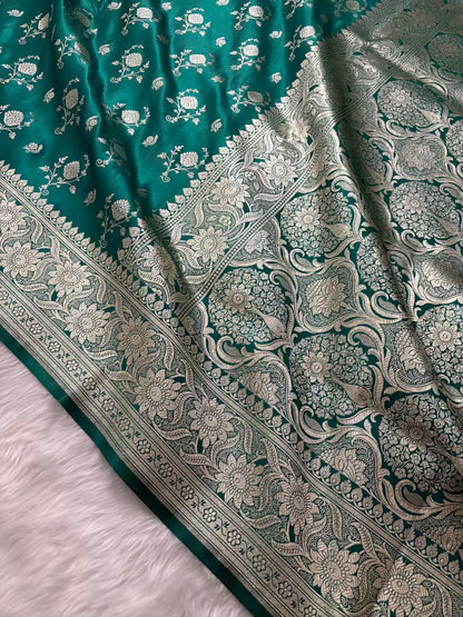 Rama Green Floral Buti Satin Silk Banarasi Saree