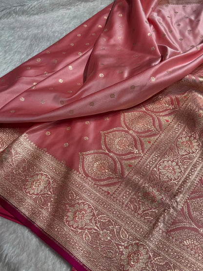 Baby Pink Booti Satin katan Silk Saree