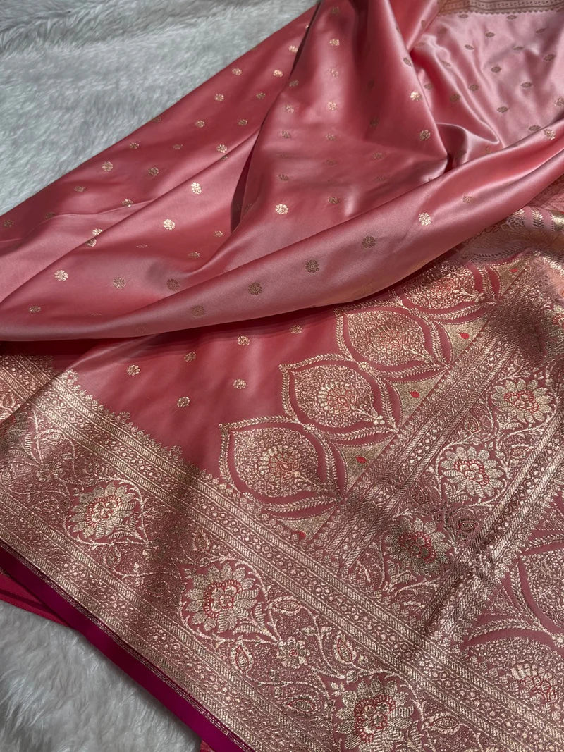 Baby Pink Booti Satin katan Silk Saree
