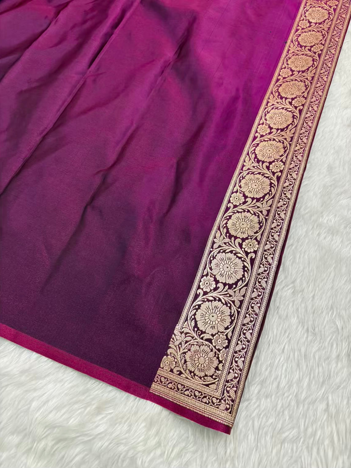 Wine Satin Silk Banarasi Saree with Golden Zari Floral Bel Jaal