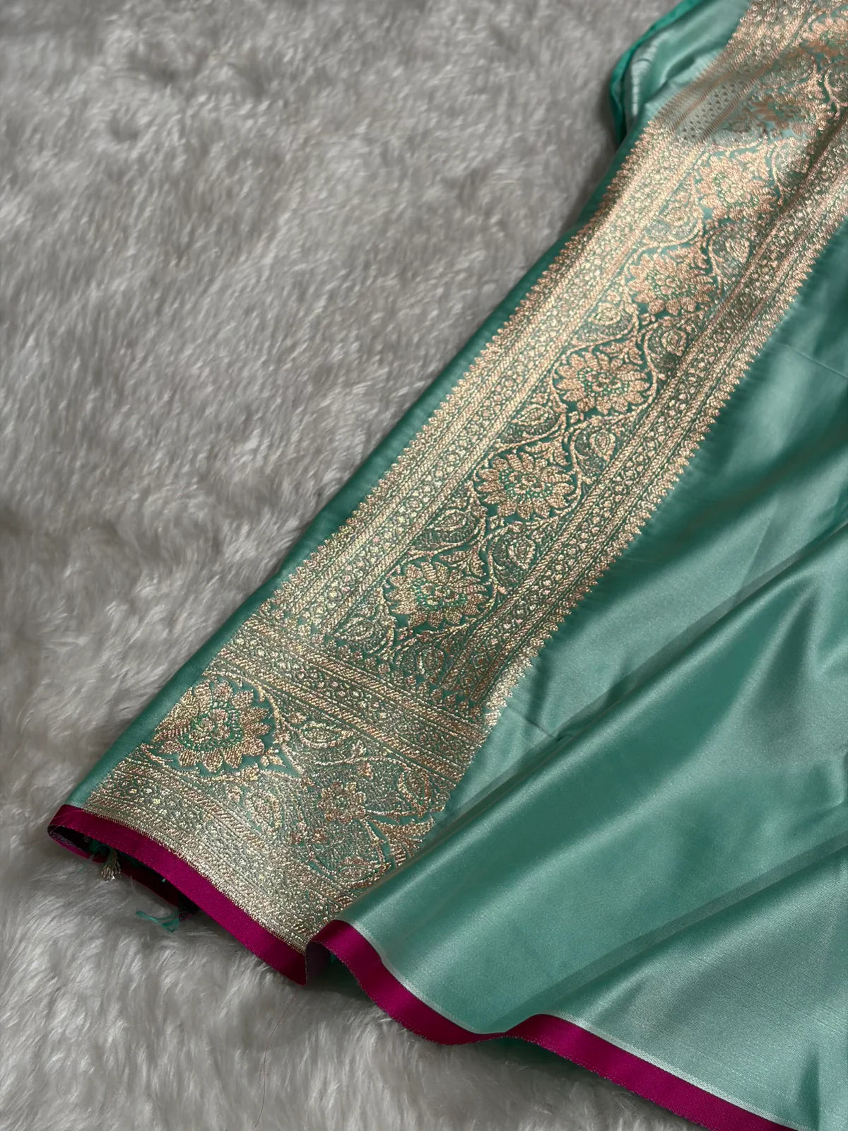 Pastel SeaGreen Satin Katan Silk Saree With Gotta Patti