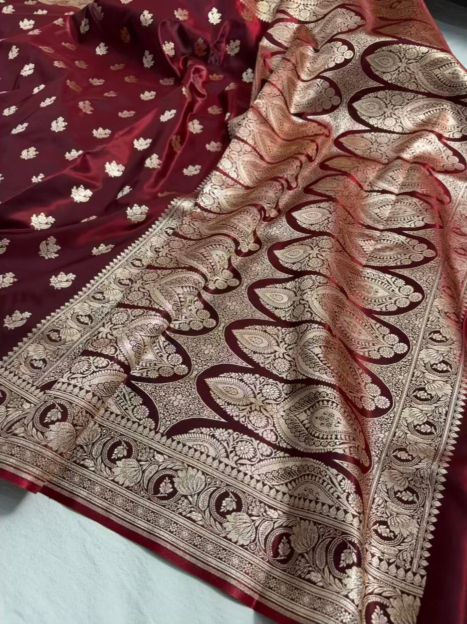 Dark Maroon Satin Silk Motif Banarasi Saree