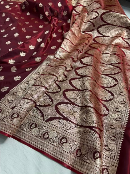 Dark Maroon Satin Silk Motif Banarasi Saree
