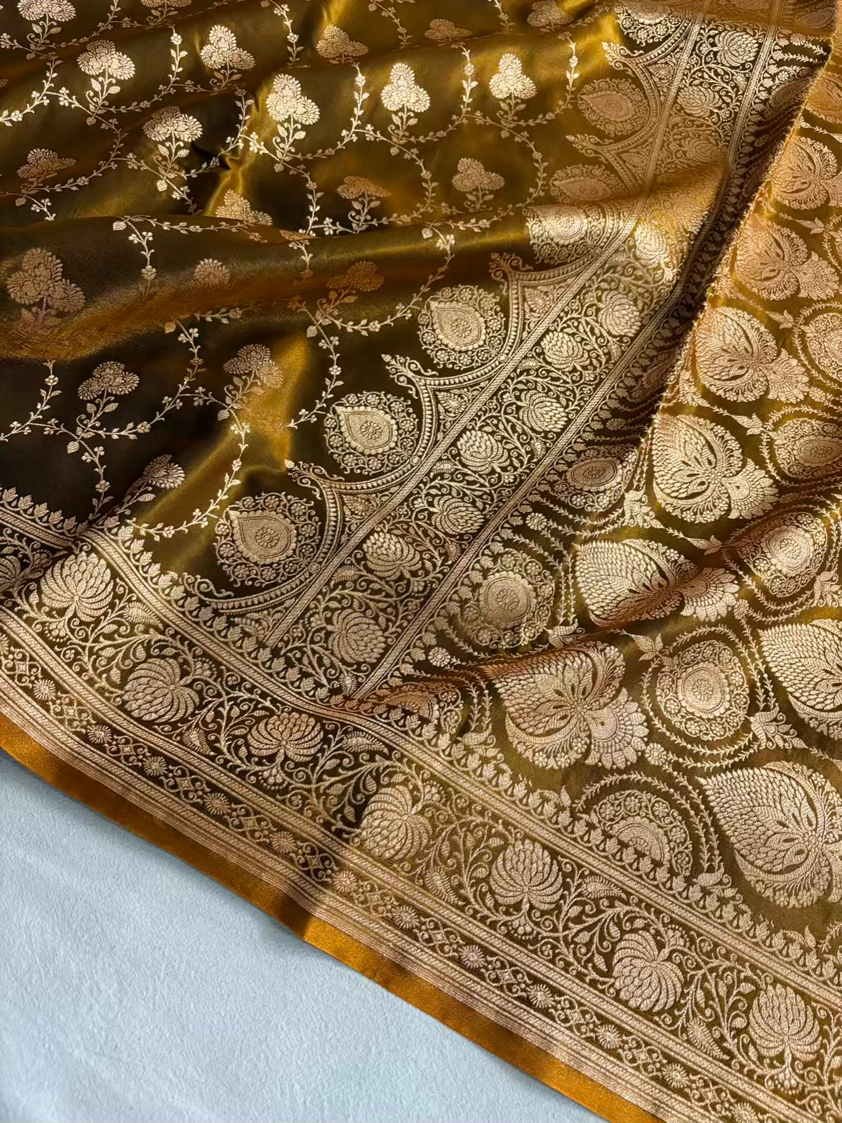 Satin Silk Saree Banarasi Jaal in Mehendi Shades