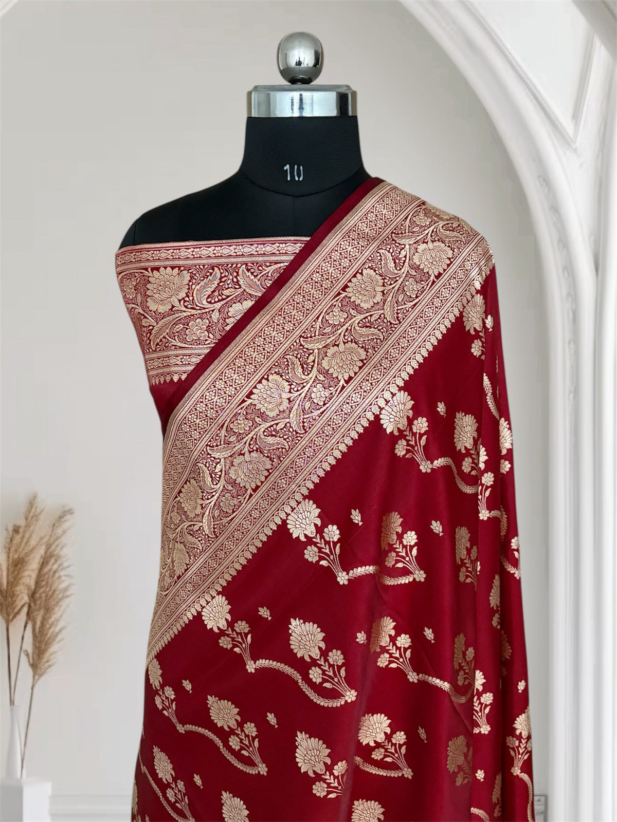 Maroon Satin Silk Banarasi Saree – Tircha Jaal