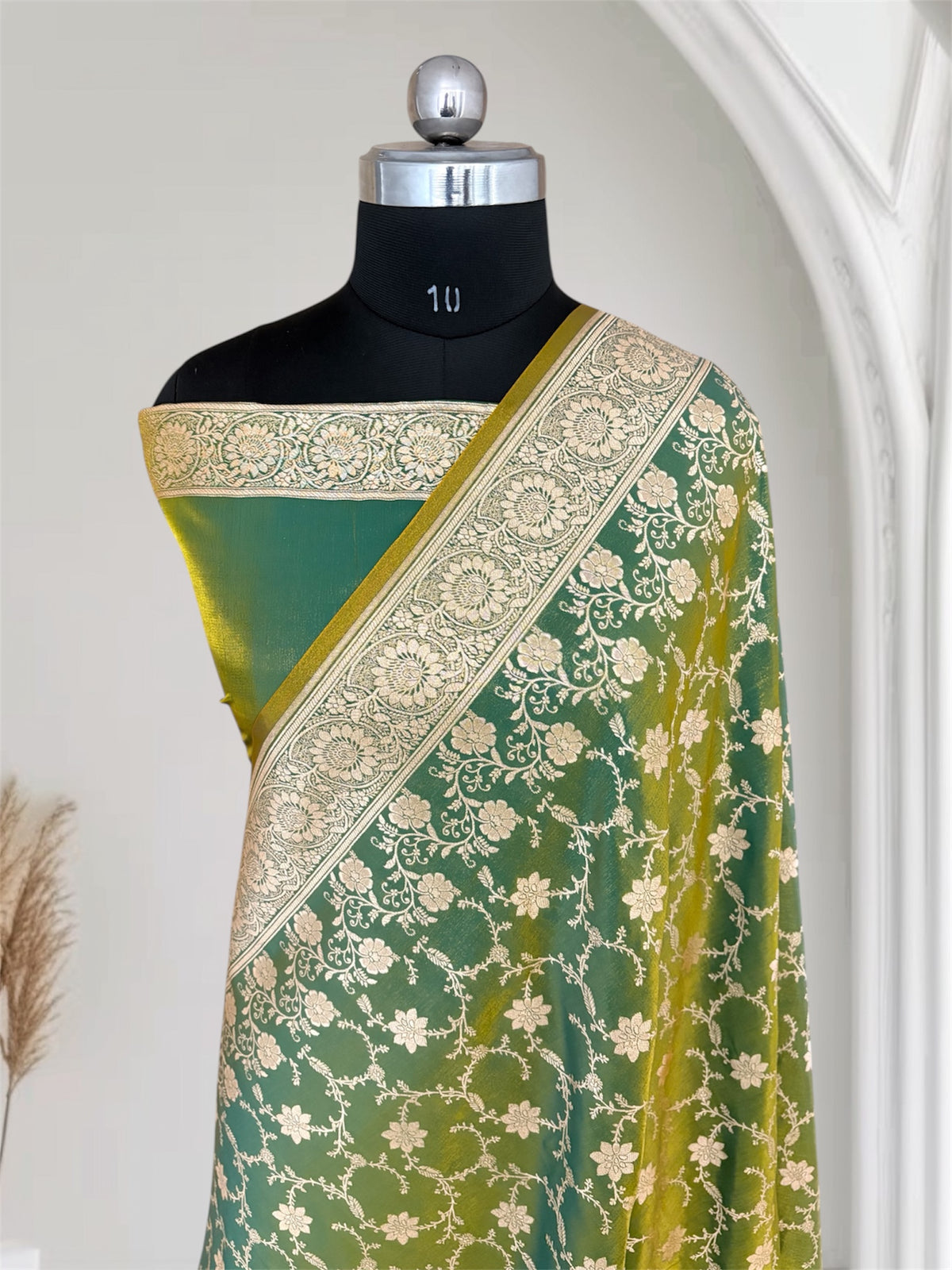 Mongiya Green Satin Silk Banarasi Saree Floral Swarna Latika Jaal