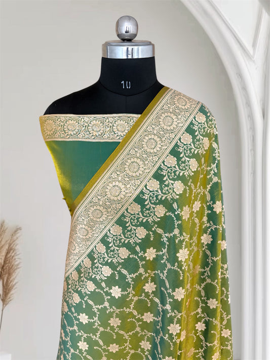 Mongiya Green Satin Silk Banarasi Saree Floral Swarna Latika Jaal
