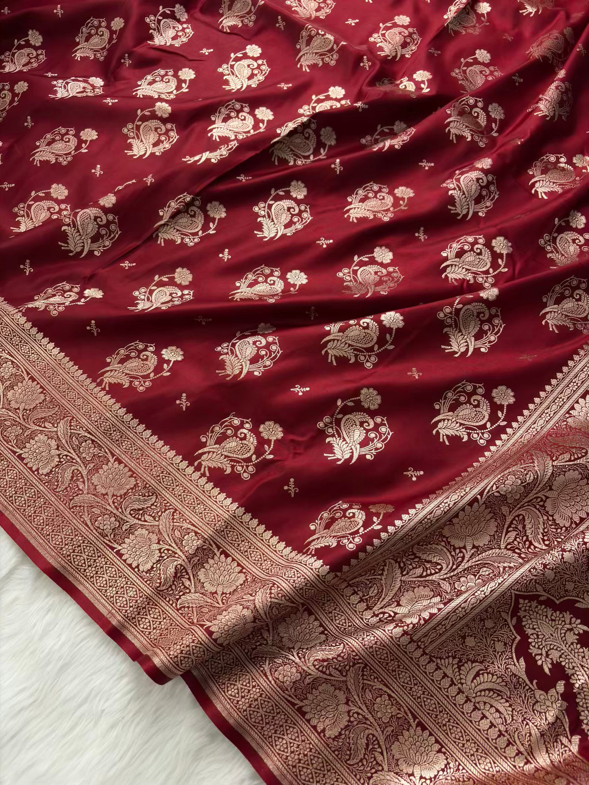 MorPankhi Maroon Satin Silk Banarasi Saree
