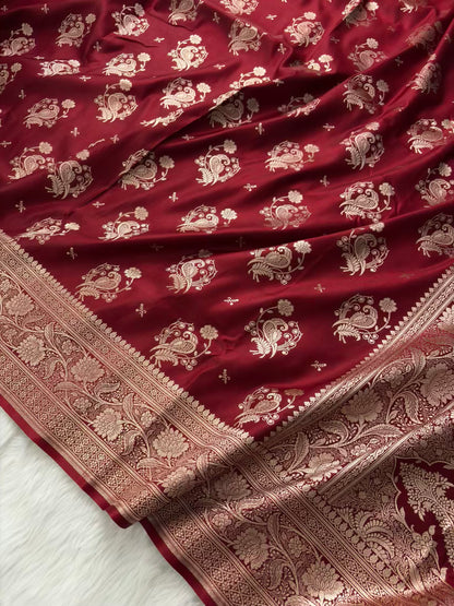 MorPankhi Maroon Satin Silk Banarasi Saree