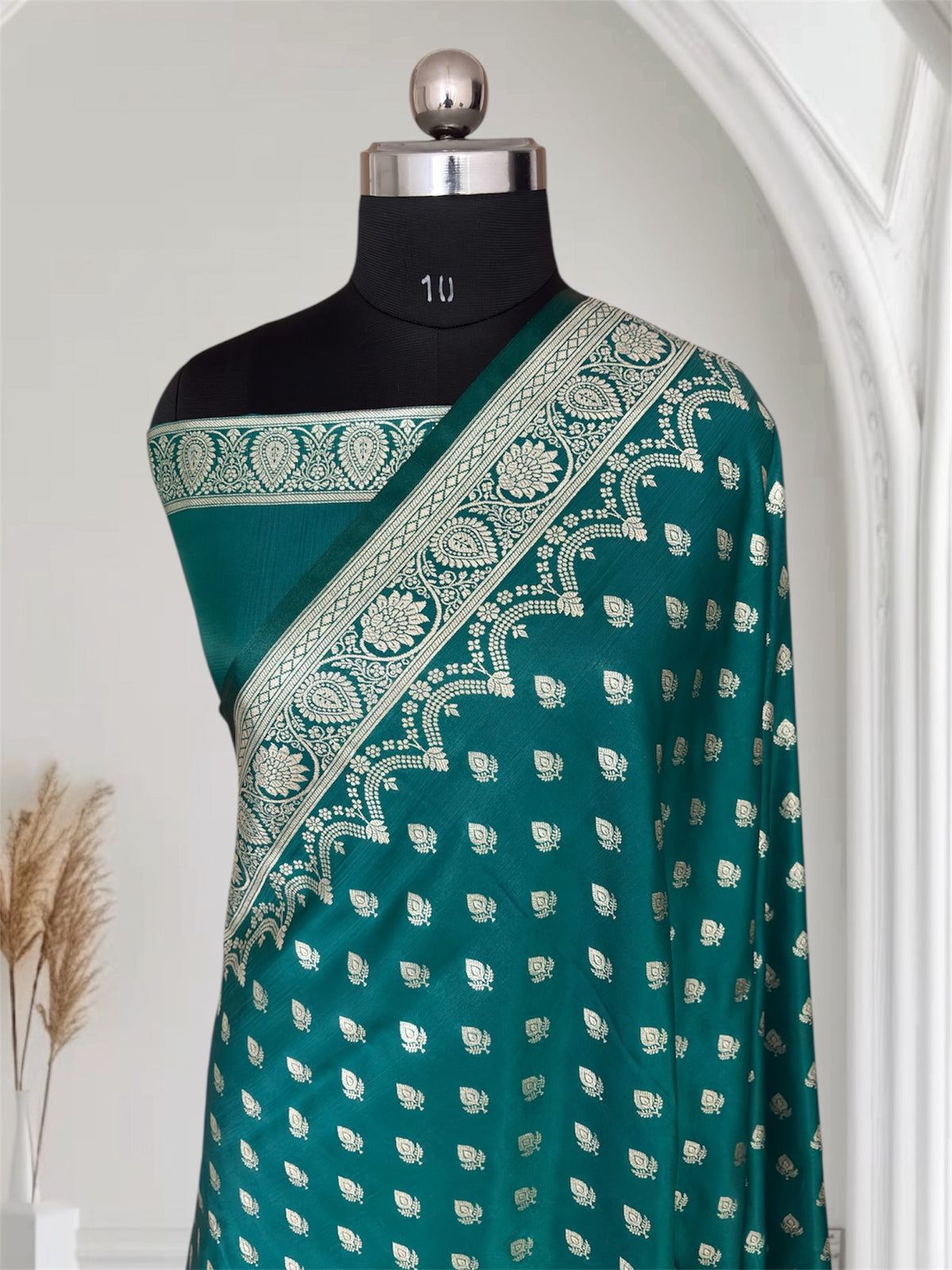 Rama Green Satin Silk Banarasi Saree Silver Motif