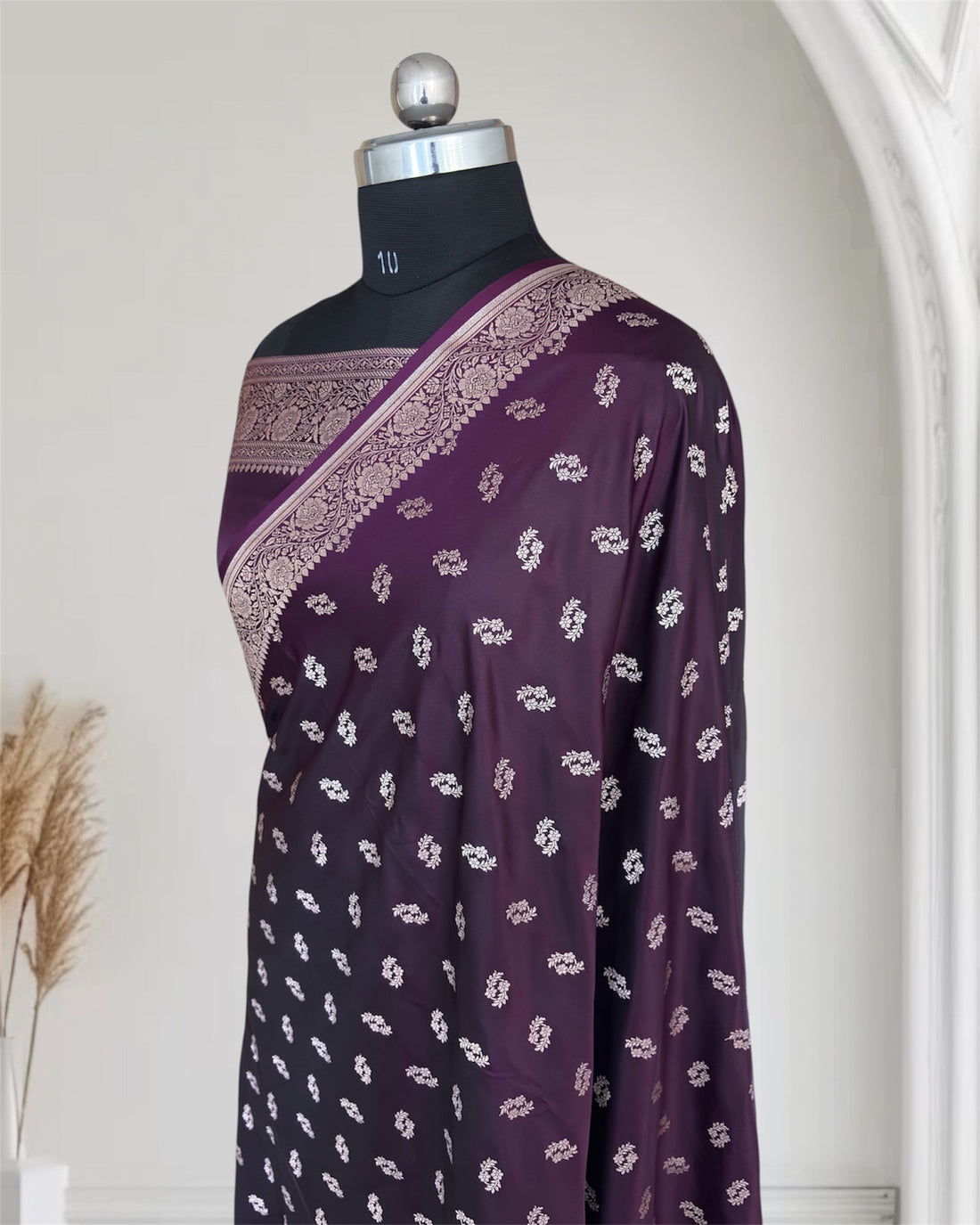 Deep Purple Star Motif Soft Kataan Silk Banarasi Saree In Silver Zari