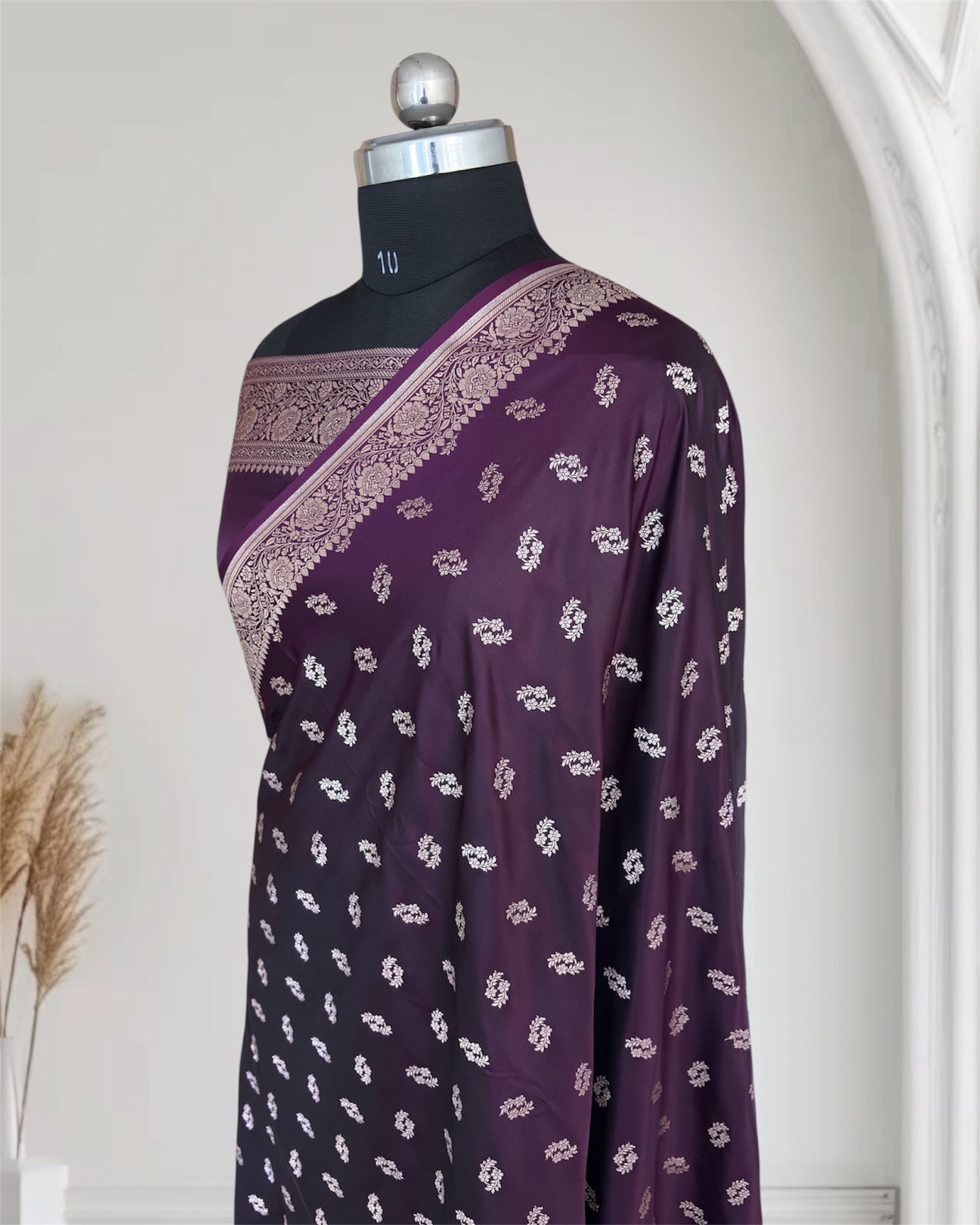 Deep Purple Star Motif Soft Kataan Silk Banarasi Saree In Silver Zari