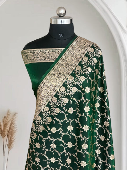 Botel Green Satin Silk Banarasi Saree Floral Swarna Latika Jaal
