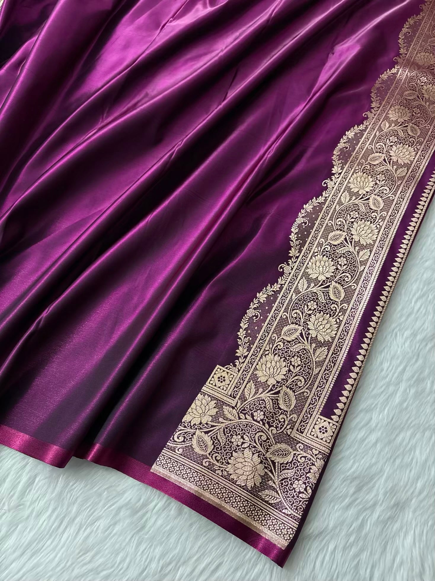 Wine Satin Silk Banarasi Saree with Jaal Pattern