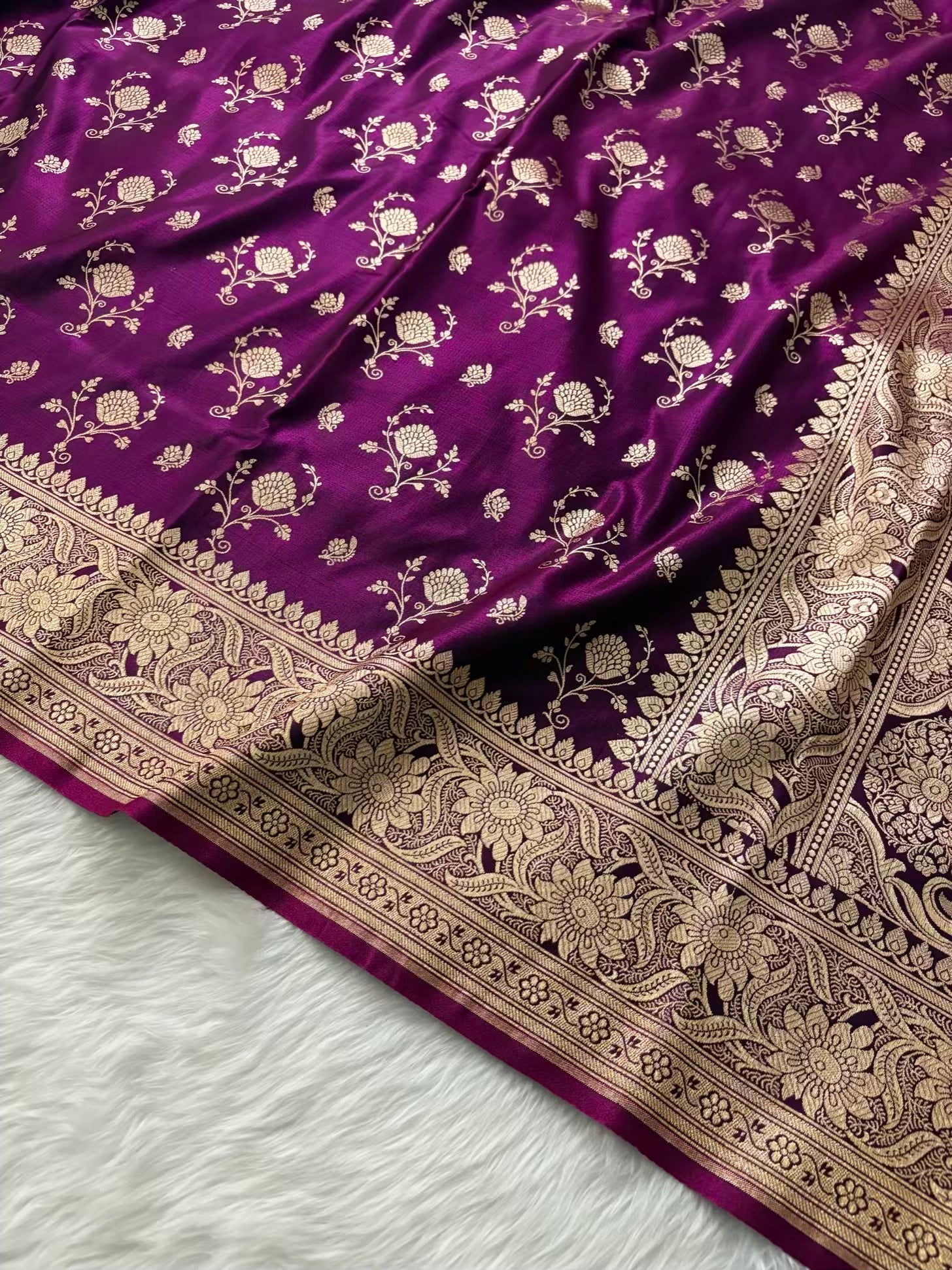 Wine Floral Buti Satin Silk Banarasi Saree