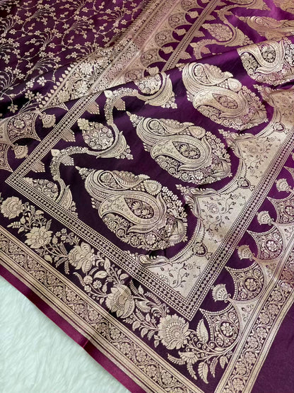 Heavy Jaal Satin Silk Banarasi Saree Wine Shades