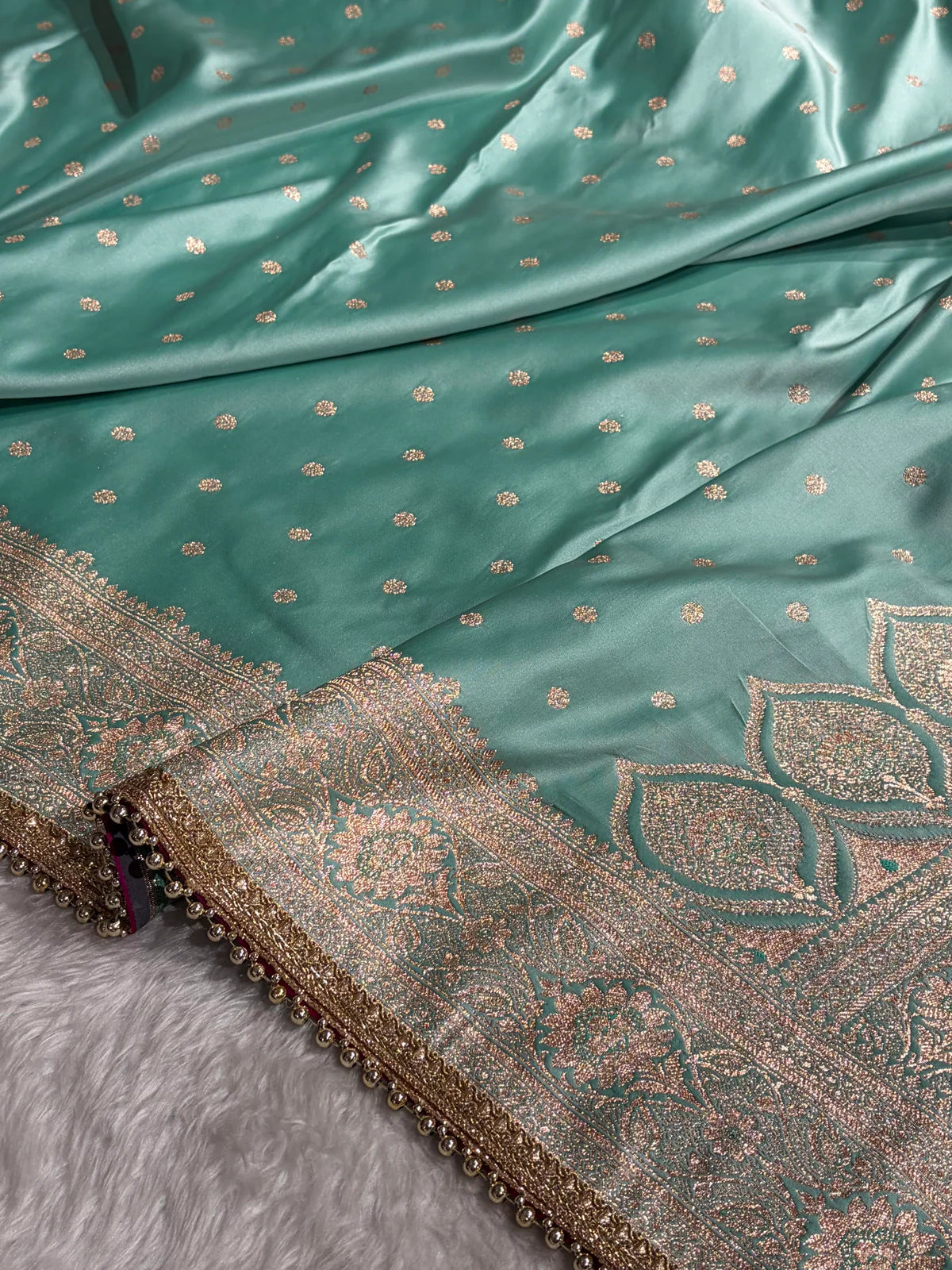 Pastel SeaGreen Satin Katan Silk Saree With Gotta Patti