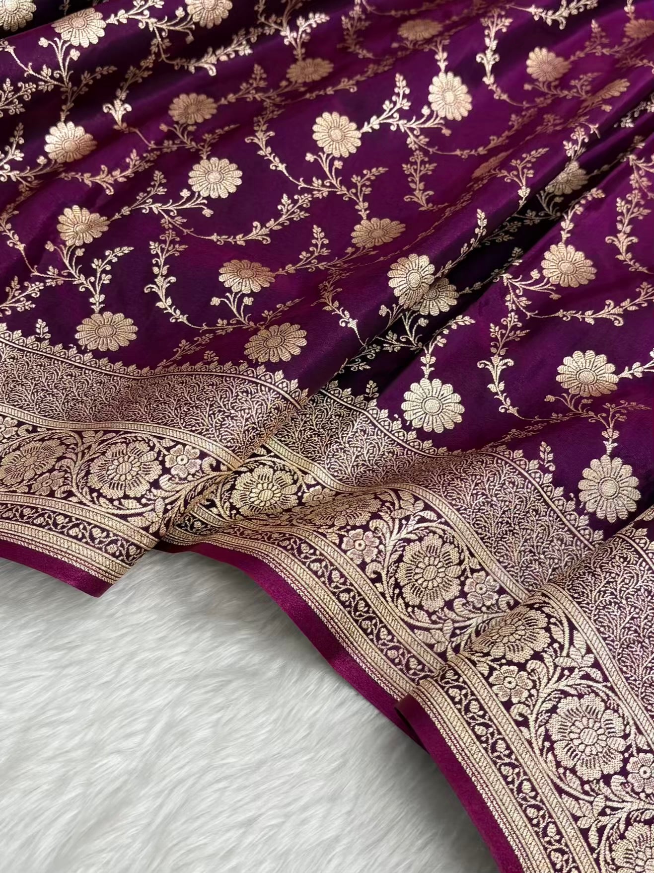 Wine Satin Silk Banarasi Saree with Golden Zari Floral Bel Jaal