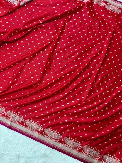 Red Soft Kataan Silk Banarasi Saree In Rose Gold Zari