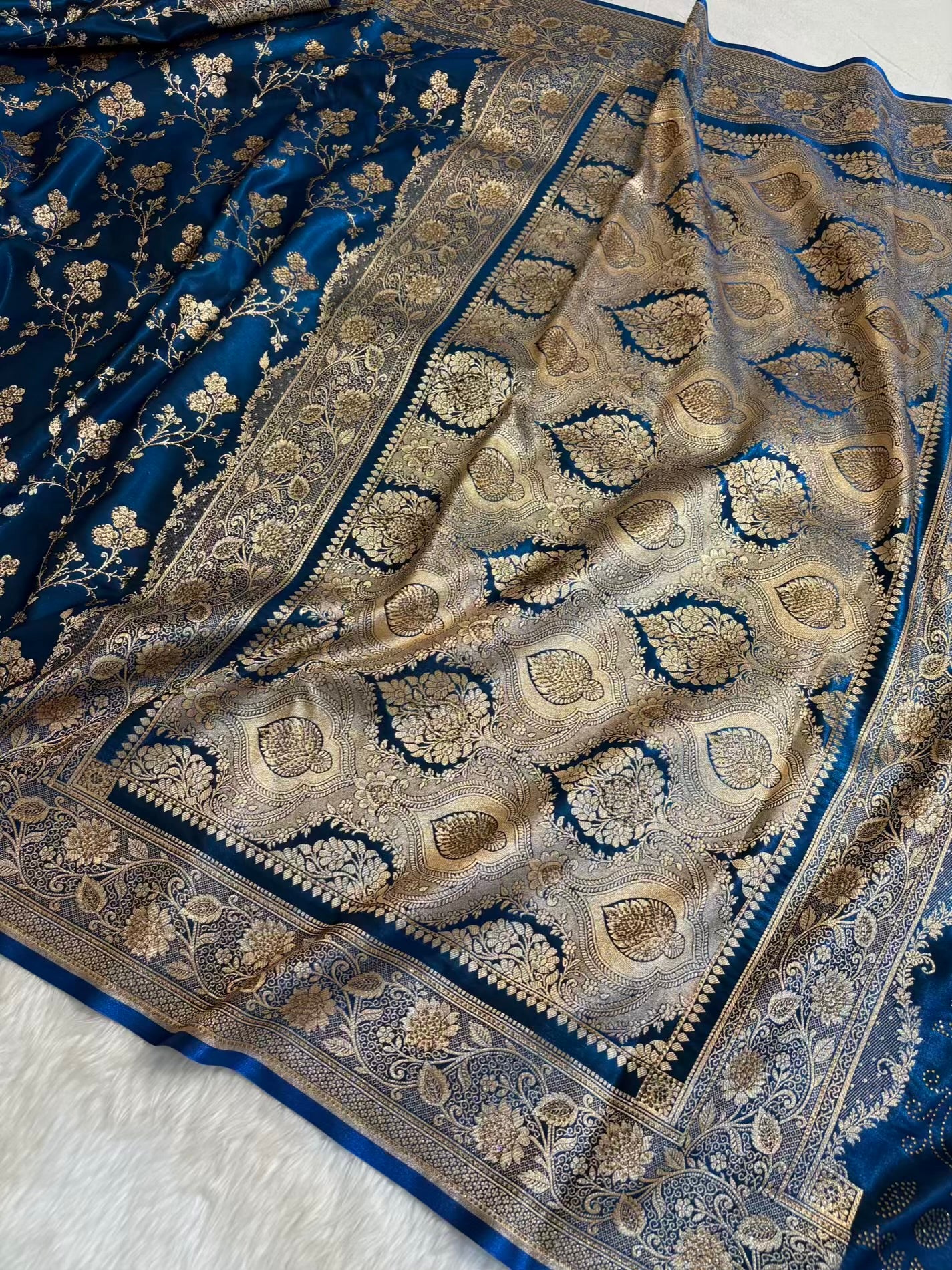 Teal Blue With Swarovski Stone Work Jaal Pattern Satin Silk Saree