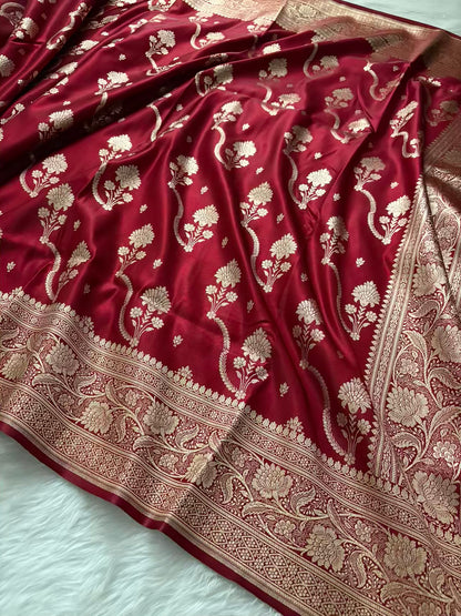 Maroon Satin Silk Banarasi Saree – Tircha Jaal