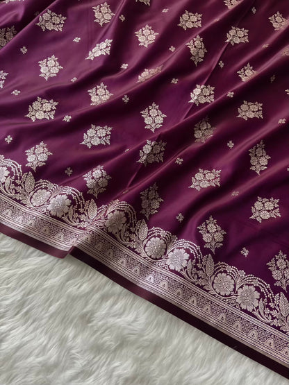 Magenta Soft Kataan Silk Motif Banarasi Saree In Silver Zari