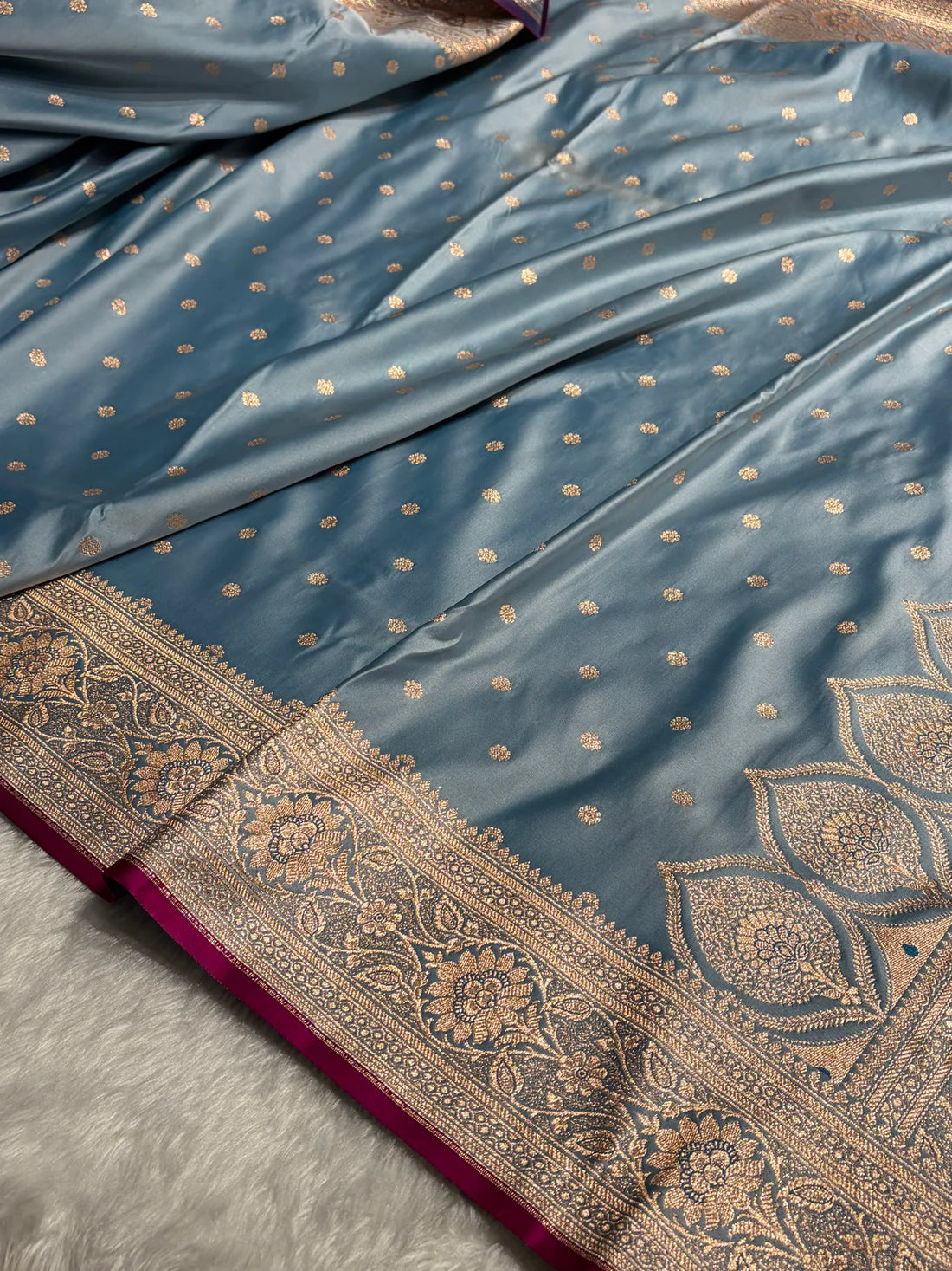 Banarasi Powder Blue Booti Satin katan Silk Saree