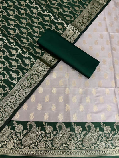 Bottle Green and Grey Satin Silk Banarasi Suit