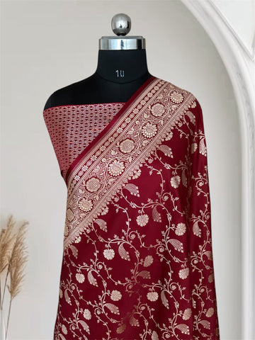 Maroon Kataan Satin Silk Banarasi Saree Bridal Jaal