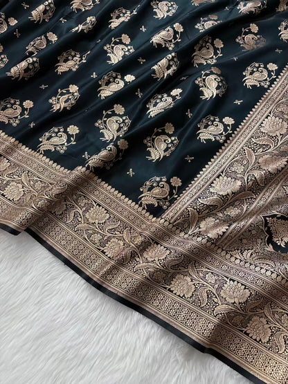 MorPankhi Black Satin Silk Banarasi Saree