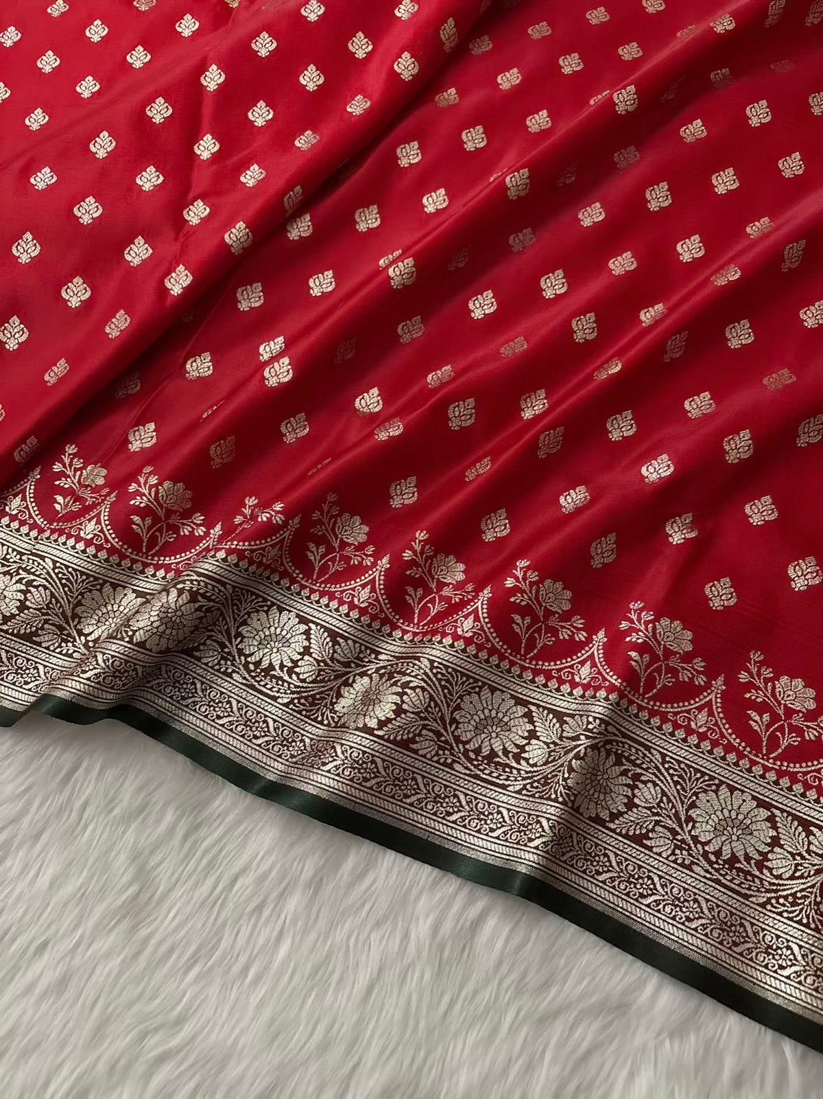 Red & Green Buti Satin Silk Banarasi Saree