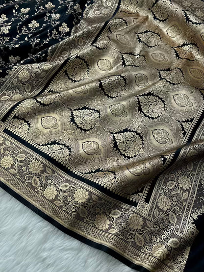 Black Beauty Satin Silk Banarasi Saree Floral Jaal