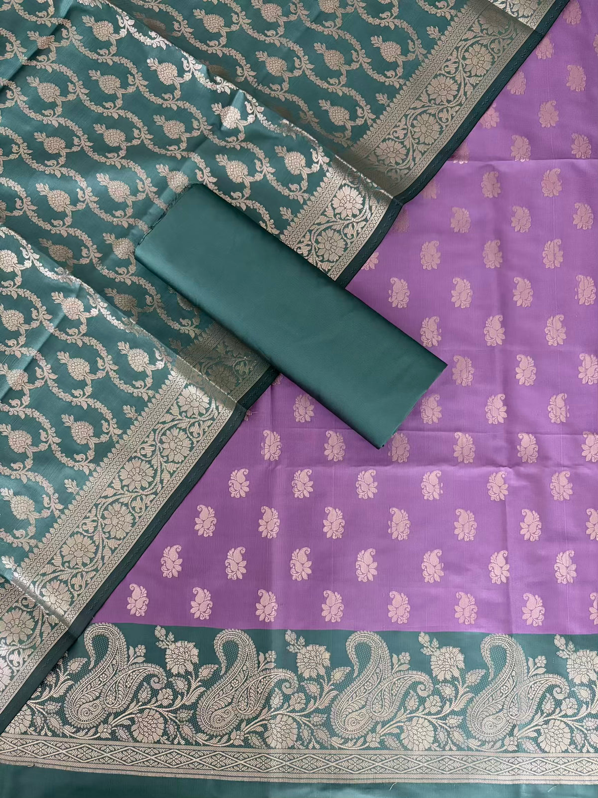 Safaya Green and Lovender Satin Silk Banarasi Suit