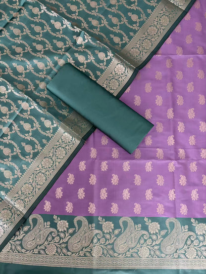 Safaya Green and Lovender Satin Silk Banarasi Suit