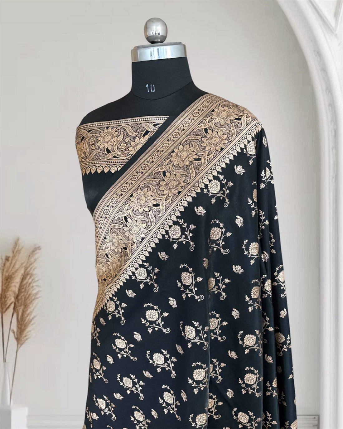 Black Floral Buti Satin Silk Banarasi Saree