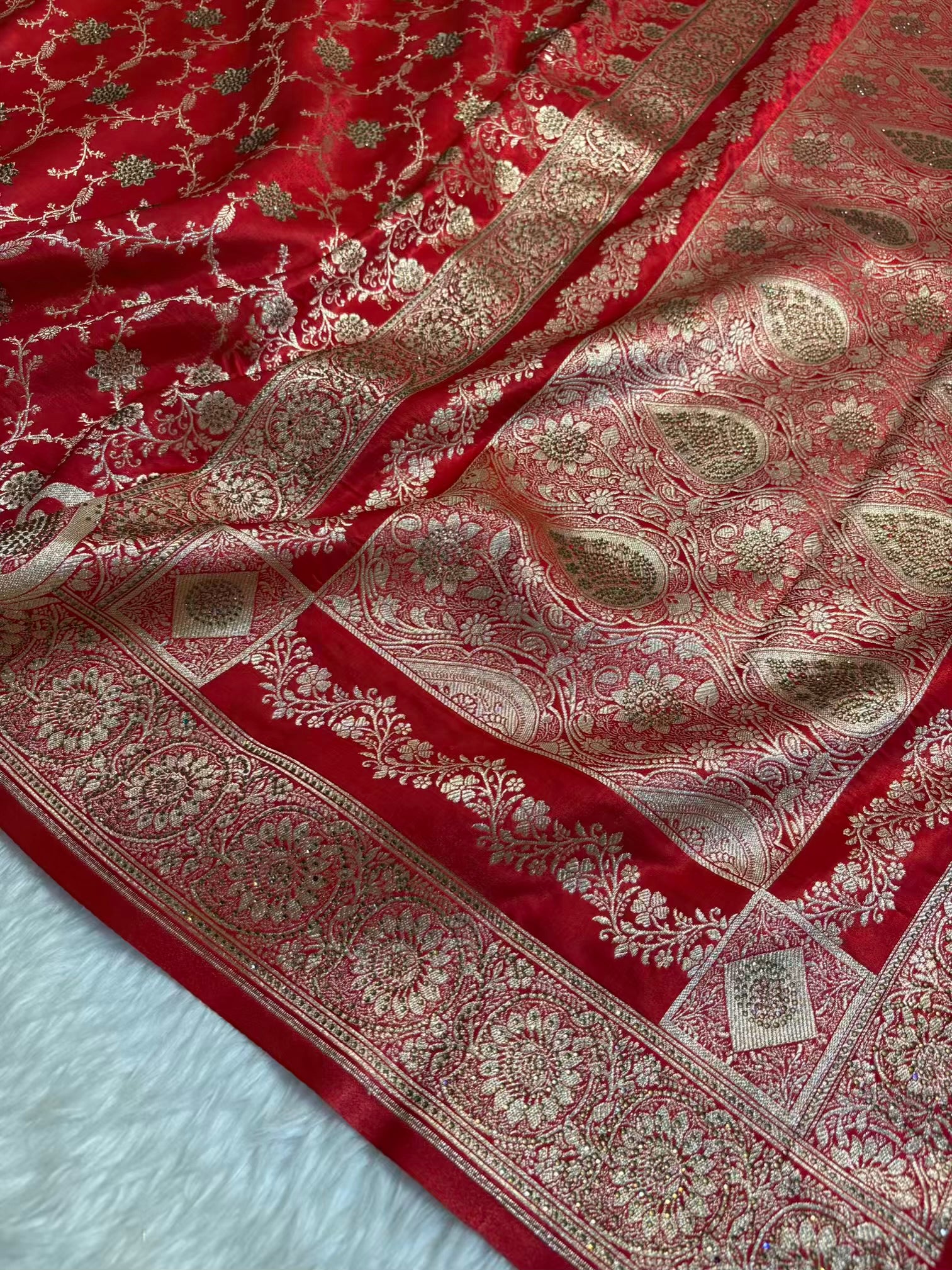 Satin Silk Saree Banarasi Swarovski Work Jaal in Red Shades