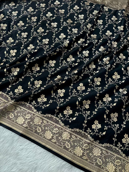 Black Beauty Satin Silk Banarasi Saree Floral Jaal