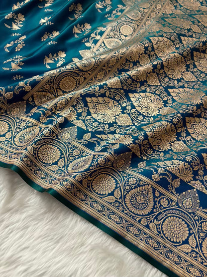 Peacock Shaded Fancy Motif Satin Silk Banarasi Saree