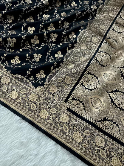 Black Beauty Satin Silk Banarasi Saree Floral Jaal
